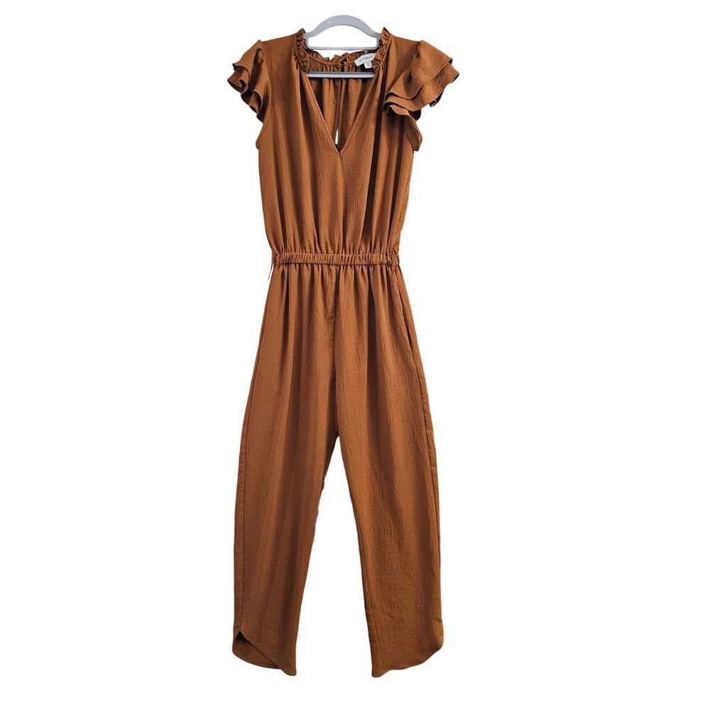 Evereve Nellie Jumpsuit Size XS Brown Flutter Sleeve Elastic Waist V-Neck Pocket